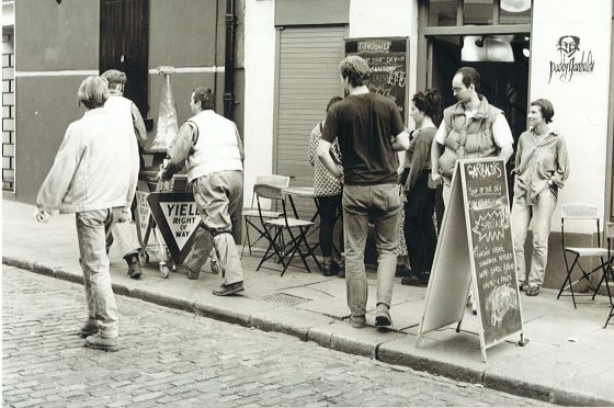 Maurice O’Connell and Brian Connolly (aka Desert Rats), durational performance drawing a red dotted line around the Temple Bar district in Dublin city centre (1994), photographs by Annette Hennessy, National Irish Visual Arts Library, Artsource Collection © the artists