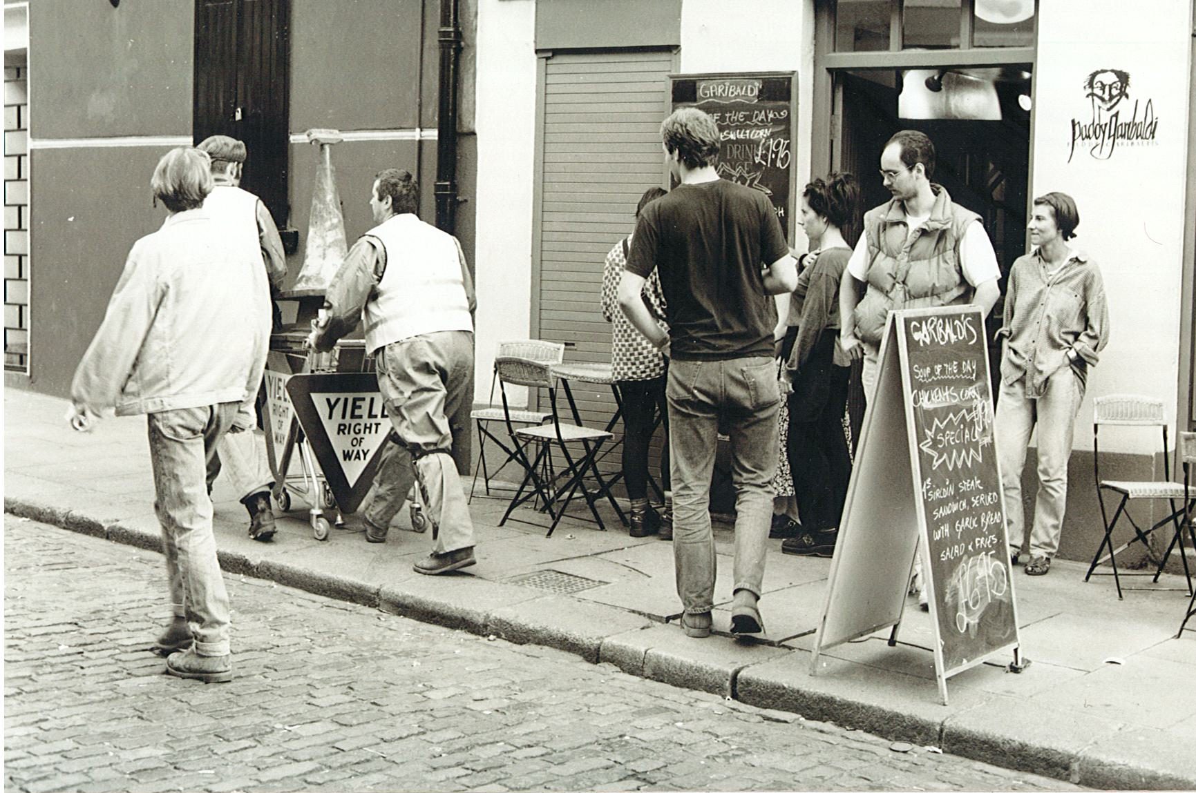 Maurice O’Connell and Brian Connolly (aka Desert Rats), durational performance drawing a red dotted line around the Temple Bar district in Dublin city centre (1994), photographs by Annette Hennessy, National Irish Visual Arts Library, Artsource Collection © the artists